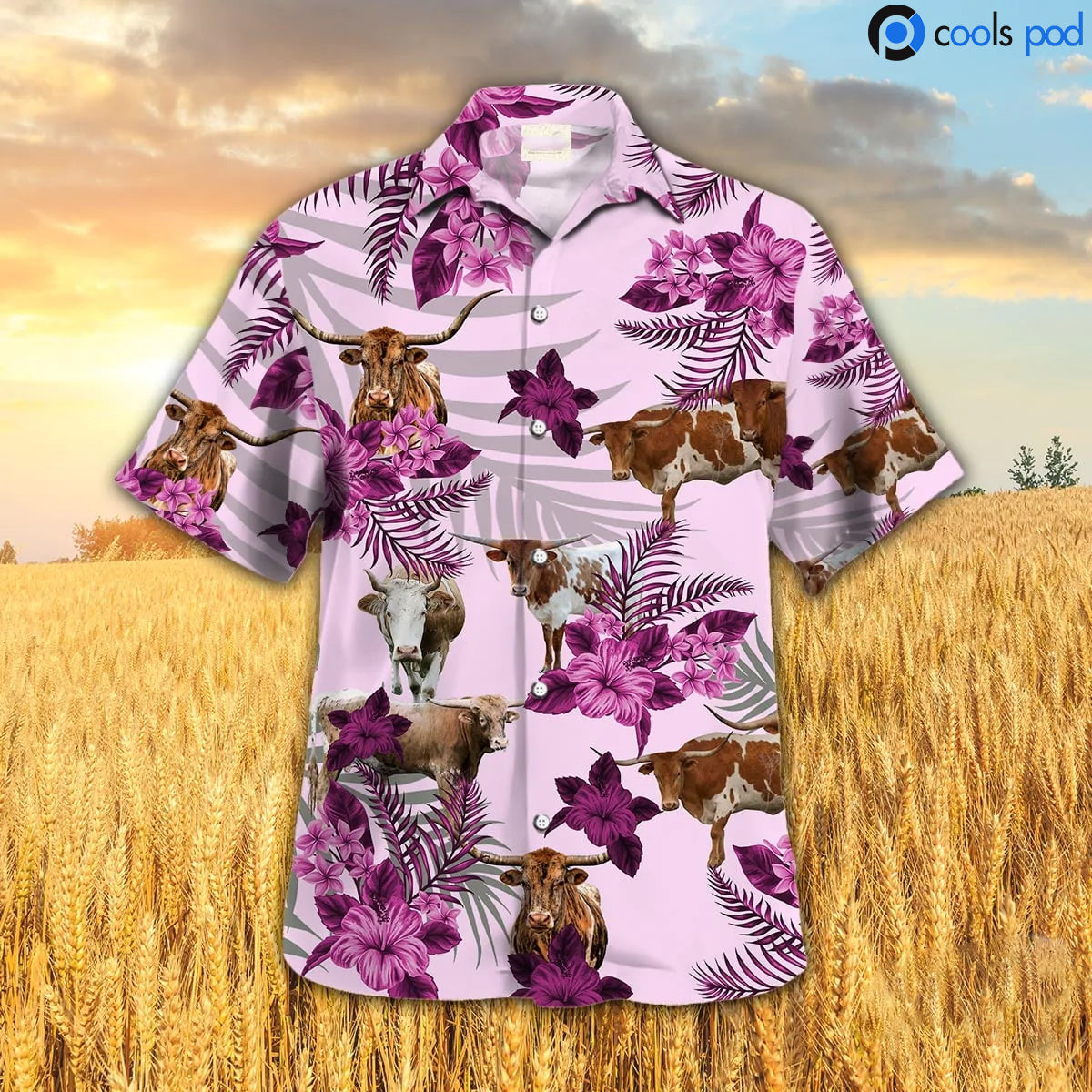Texas Longhorn Hibiscus Hawaiian Shirt/ Pink Cow Hawaiian Shirt/ Farmer Hawaiian Shirt Men Women