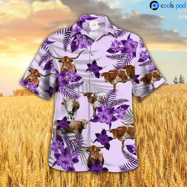 Texas Longhorn Hibiscus Hawaiian Shirt/ Purple Cow Hawaiian Shirt/ Farm Hawaii Shirts