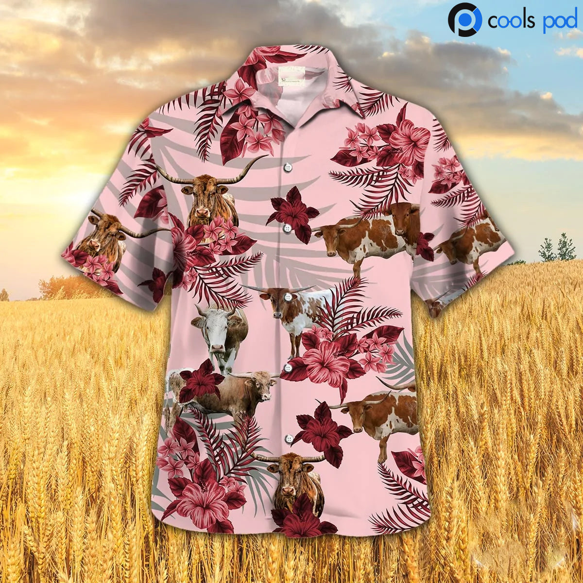 Texas Longhorn Hibiscus Hawaiian Shirt/ Red Cow Hawaiian Shirt/ Animal Hawaiian Shirt Men Women