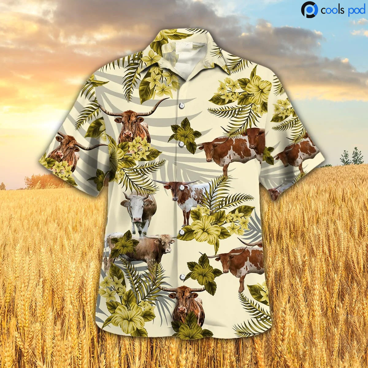 Texas Longhorn Hibiscus Hawaiian Shirt/ Yellow Cow Hawaiian Shirt/ Farm Hawaiian Shirt Men Women