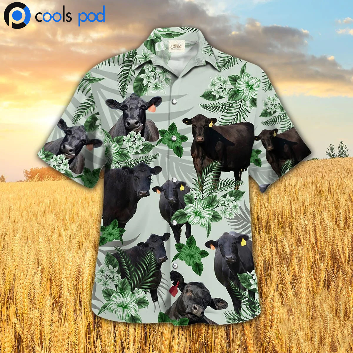 Black Angus Hibiscus Hawaiian Shirt/ Cow Farm Hawaii Shirt For Men Women
