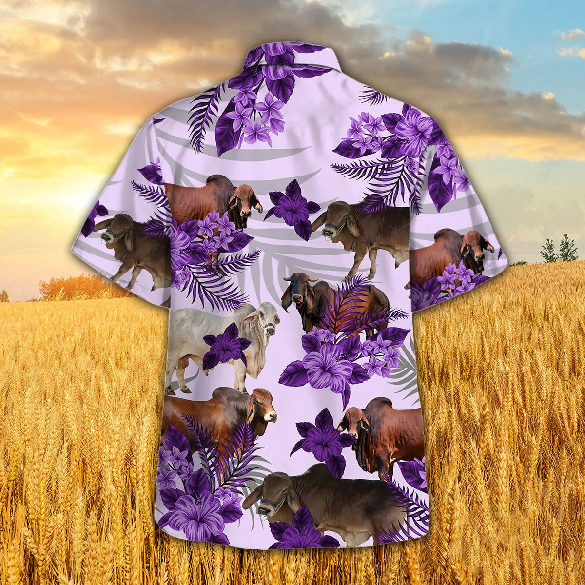 Brahman Full Colors Hibiscus Hawaiian Shirt/ Farm Cow Purple Hawaiian Shirts