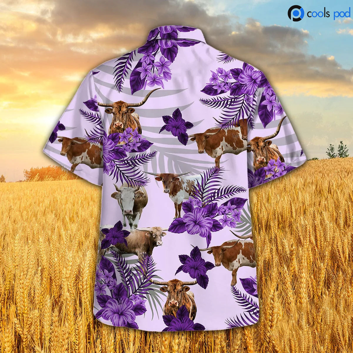 Texas Longhorn Hibiscus Hawaiian Shirt/ Purple Cow Hawaiian Shirt/ Farm Hawaii Shirts