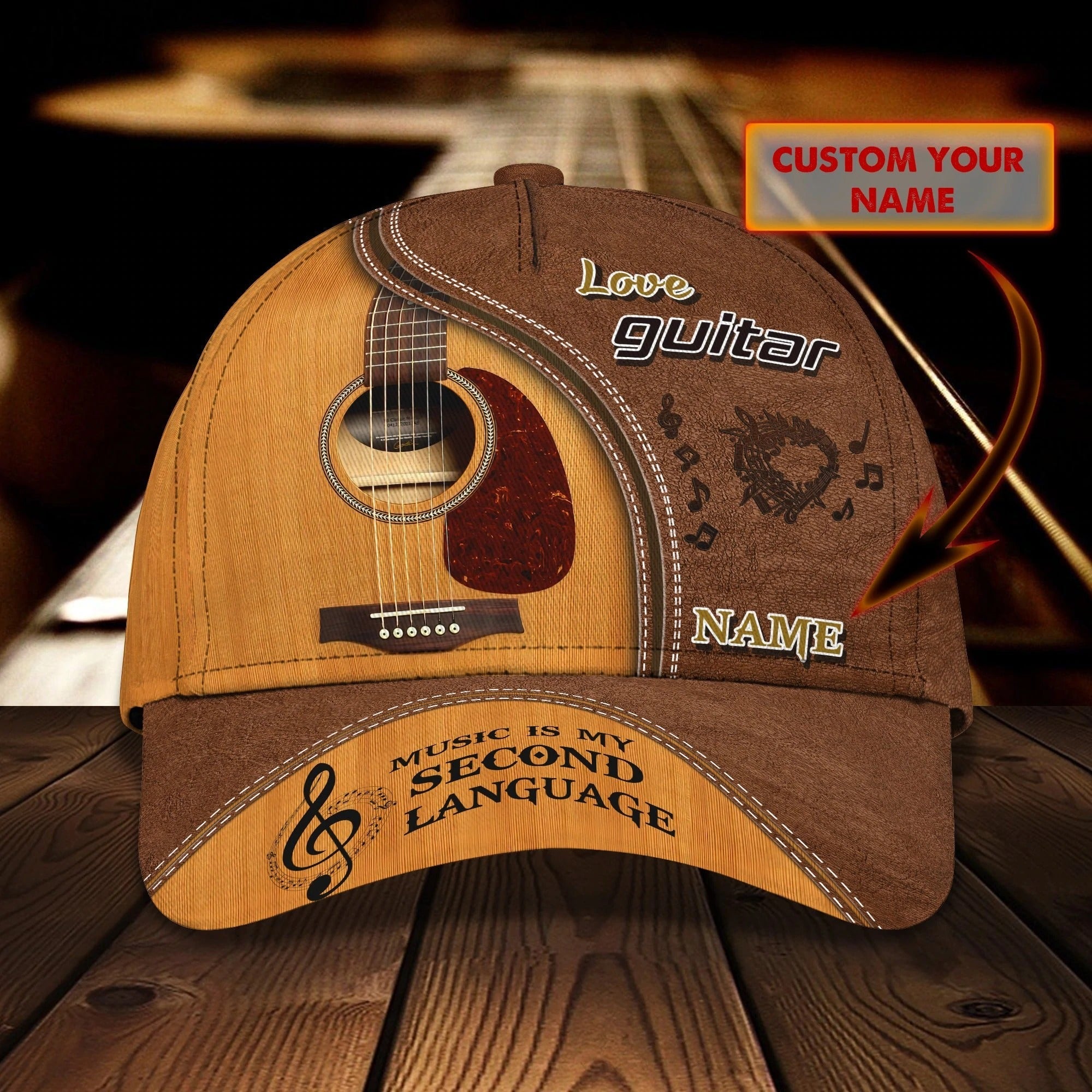 Personalized Brown Guitar Baseball Cap Hat For Musican And Guitarist/ Classic Cap With Guitar Leather Pattern