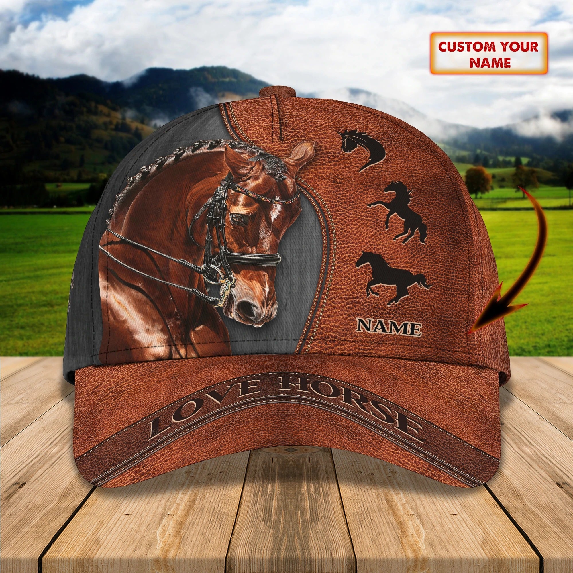 Custom Name Brown Horse Equestrian Printing Baseball Cap Hat/ 3D Baseball Horse Caps
