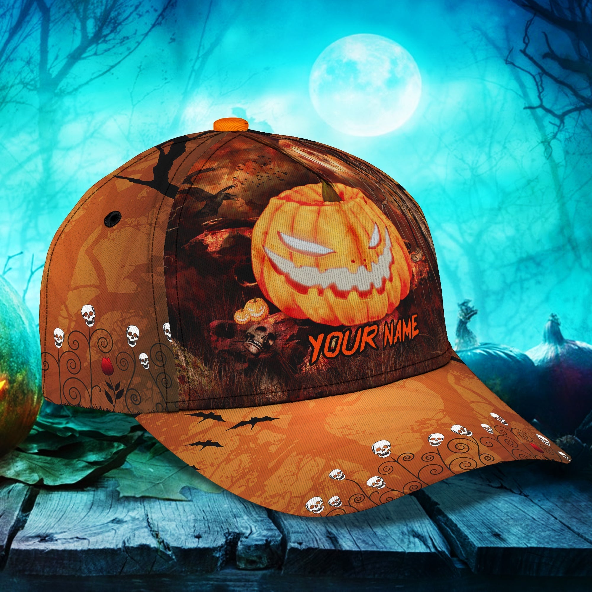 Skull Pumpkin Carving Halloween Hats Unisex Custom Text Trucker Cap/ Halloween Cap with Adjustable Snap