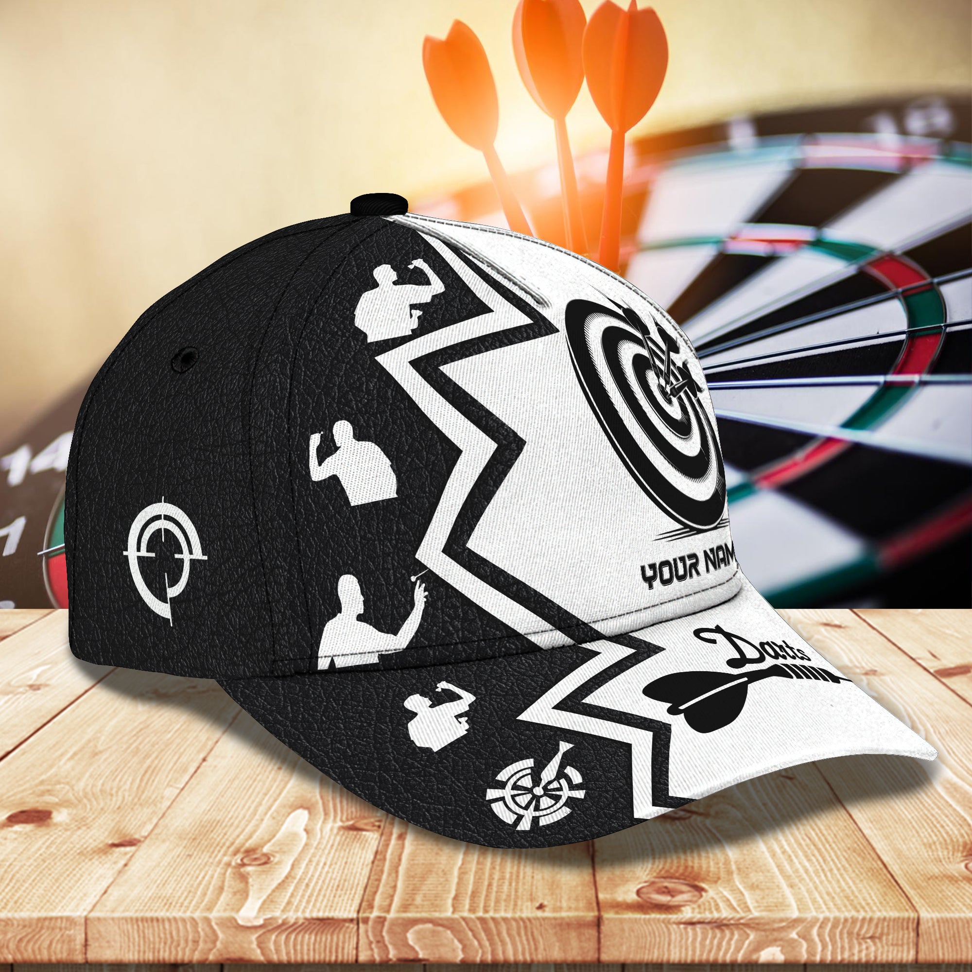 Personalized Name Black and White Heart Beat Dart Classic Cap/ Perfect Gift for Men Women/ Dart Cap Hat