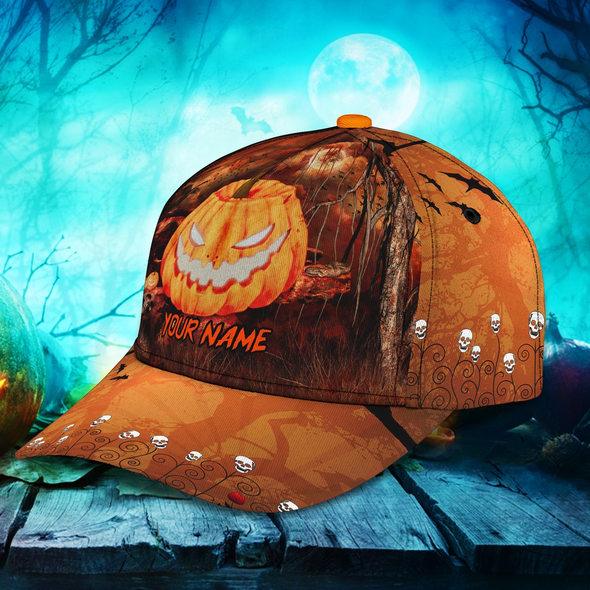 Skull Pumpkin Carving Halloween Hats Unisex Custom Text Trucker Cap/ Halloween Cap with Adjustable Snap