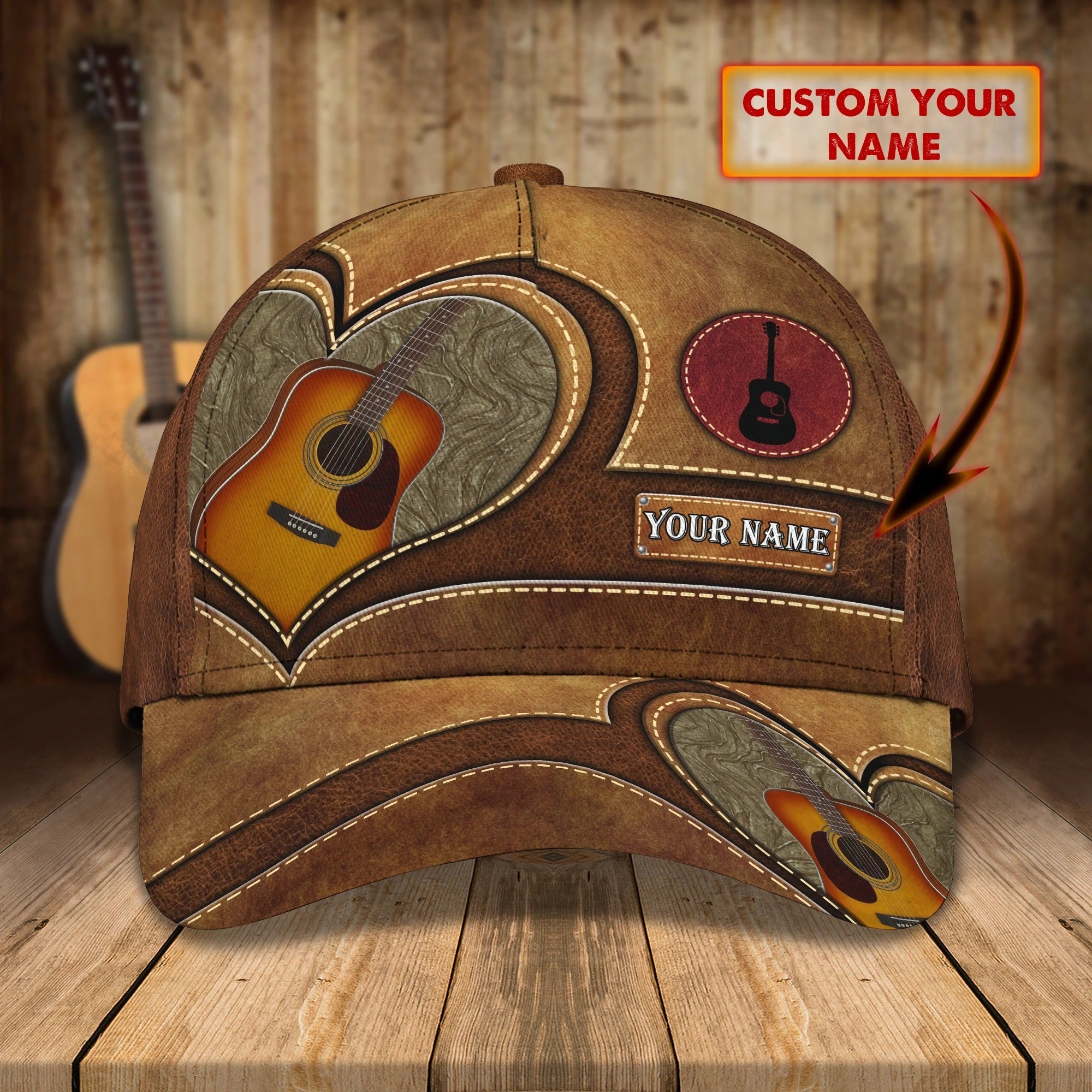 Baseball Guitar Cap Hat For Travel Summer/ Guitar Cap Leather Brown Pattern/ Best Gift To Guitarist