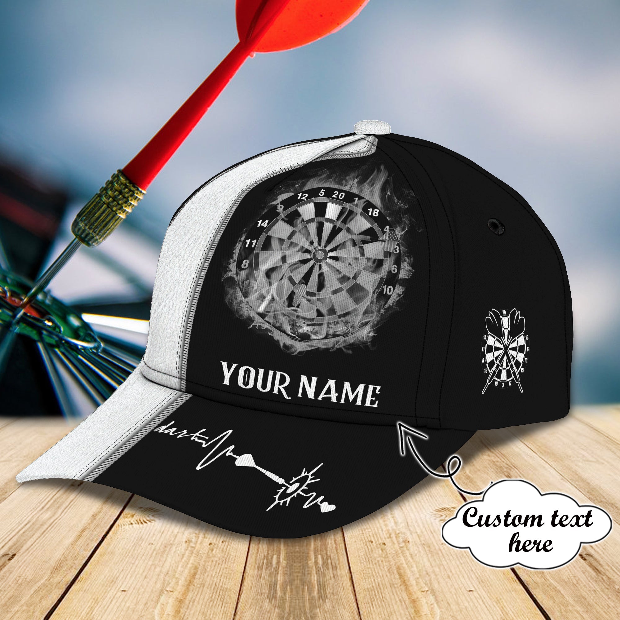 Personalized Name Black and White Heart Beat Dart Classic Cap/ Perfect Gift for Men Women/ Dart Cap Hat