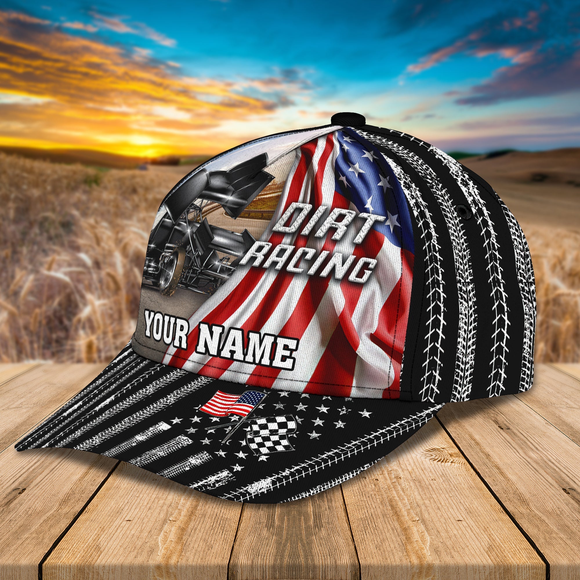 Personalized With Name Dirt Racing 3D Classic Cap Hat/ Racing In Usa Flag Baseball Cap Hat