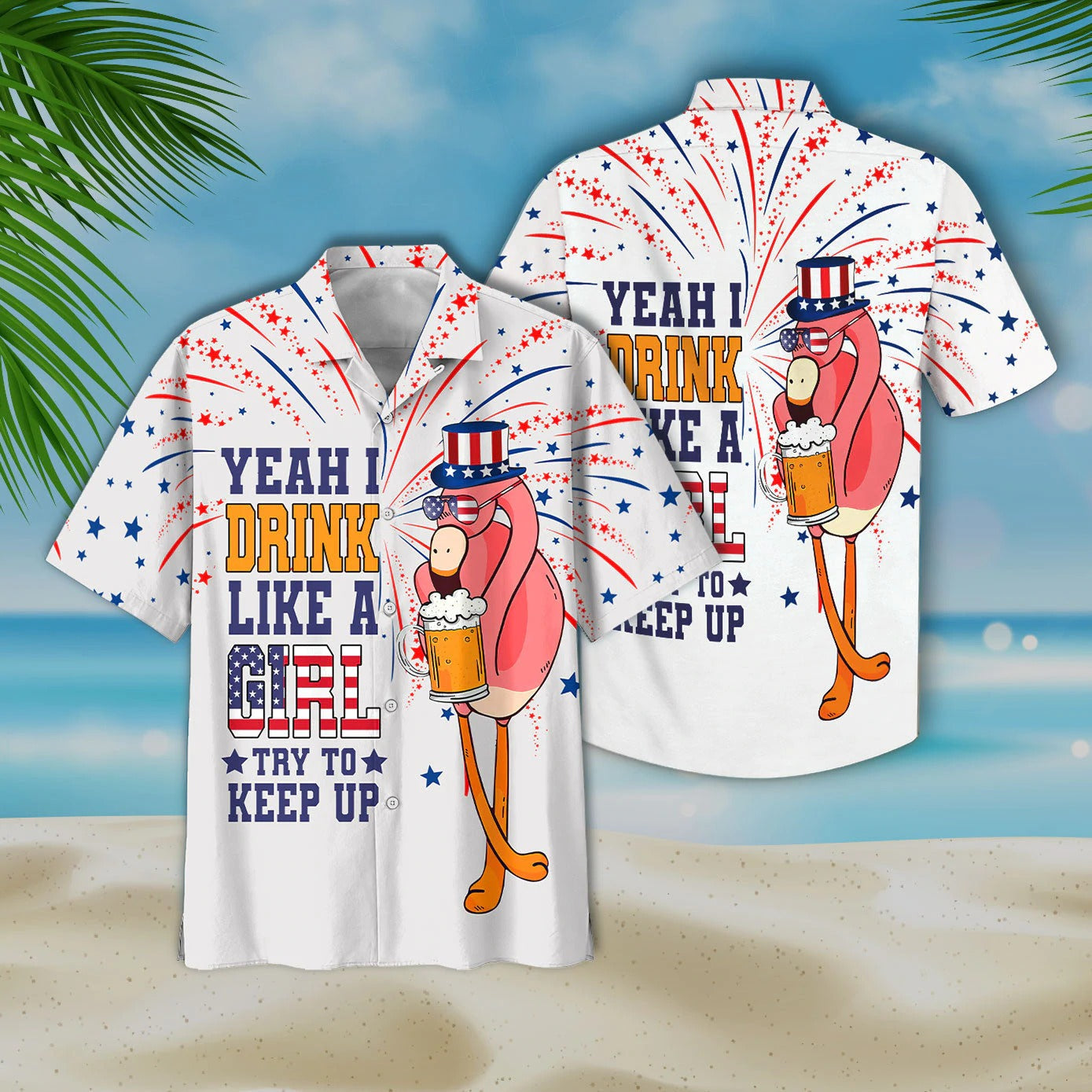 Funny Flamingo Aloha Hawaiian Shirt/ Flamingo Drinking Beer Aloha Shirt/ Independence Day Gifts