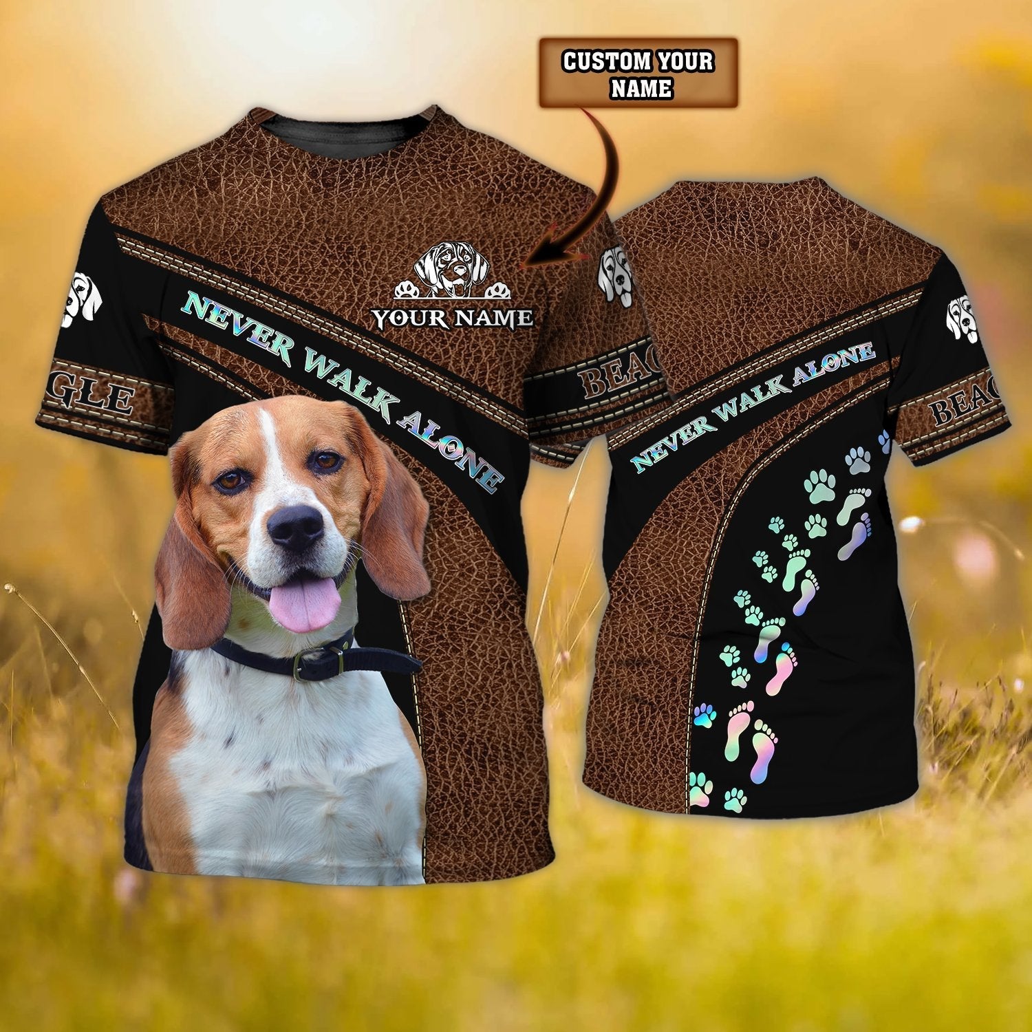 Personalized Name 3D Tshirt With Beagle Never Walk Alone Shirt Leather Pattern