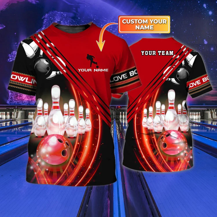 Personalized With Name Red Bowling T Shirts/ Custom 3D Bowling Team Shirts Uniform