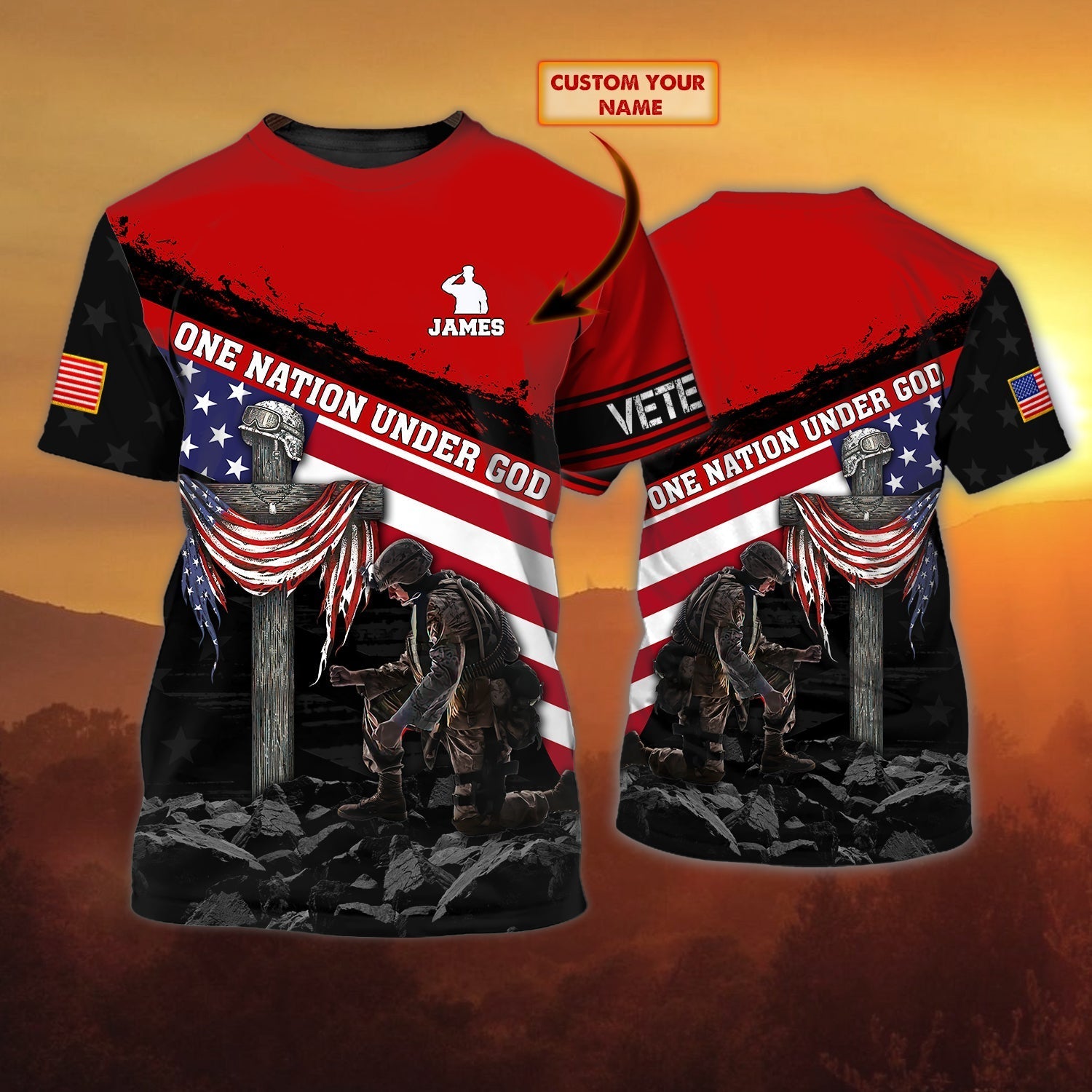 Personalized With Name One Nation Under God 3D Tee Shirt/ Veteran Patriotice American Full Print Shirts