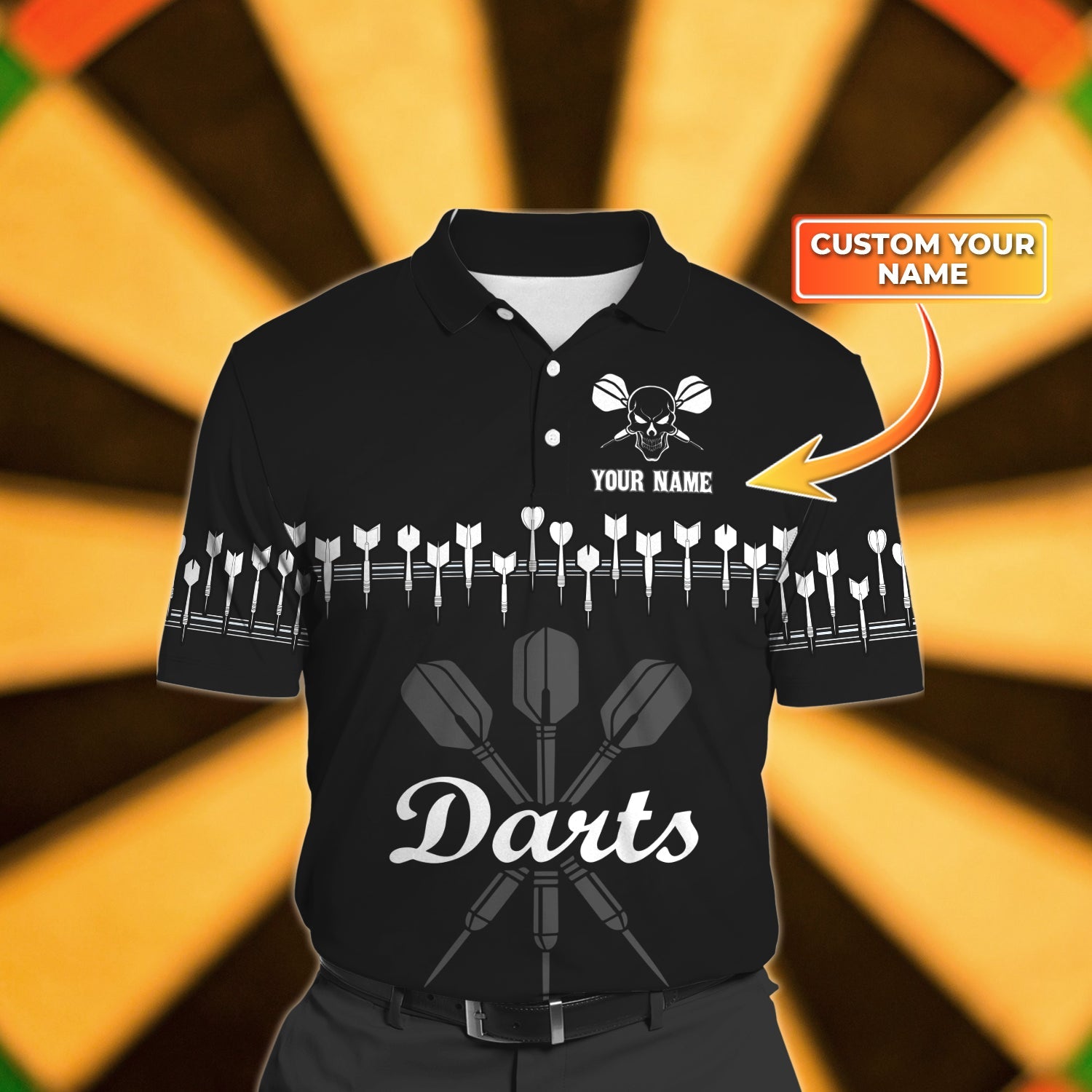 Personalized Name Dart 3D Polo Shirt/ Dart Heart Beat Black and White/ Uniform Team Dart