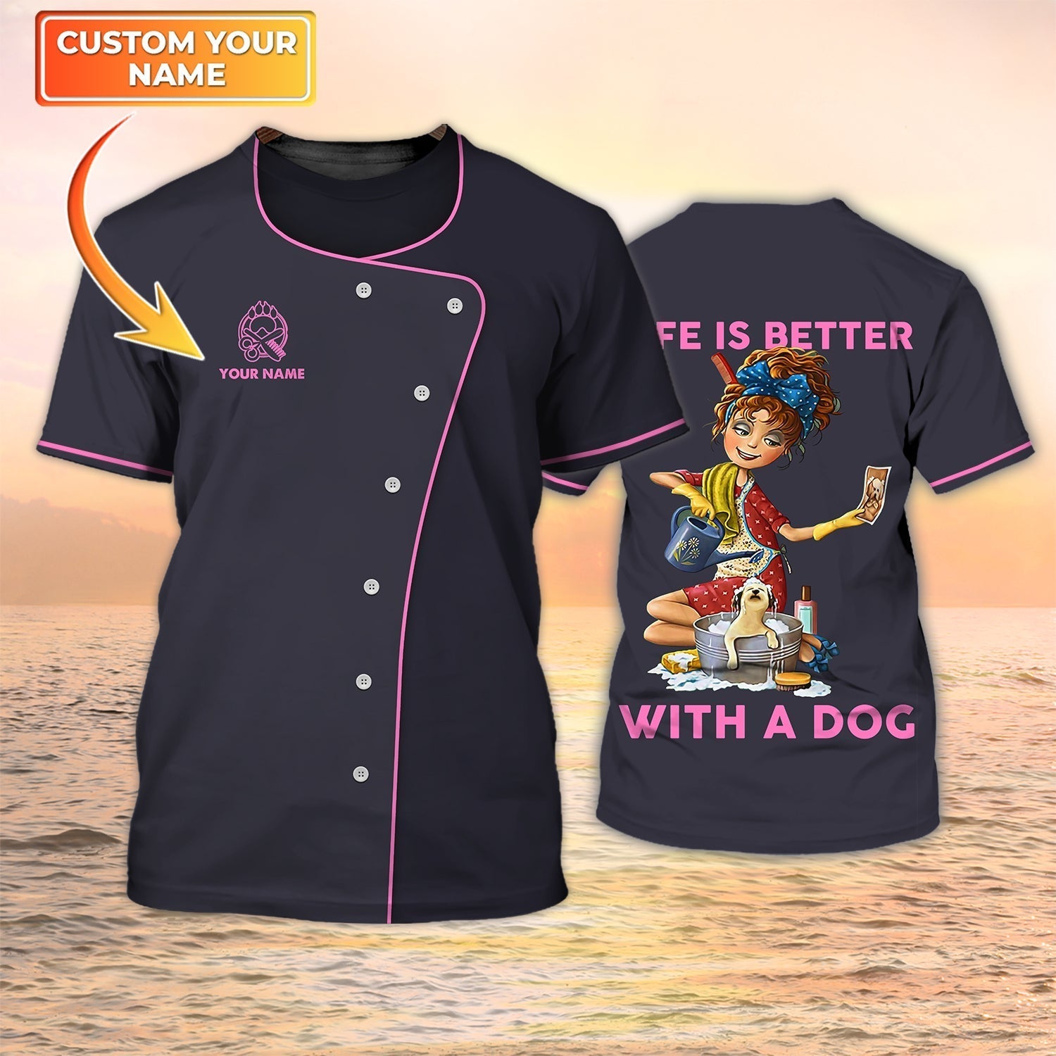 Custom Name Dog Gooming Shirt Black Pink Pet Salon Uniform Groomer T Shirts