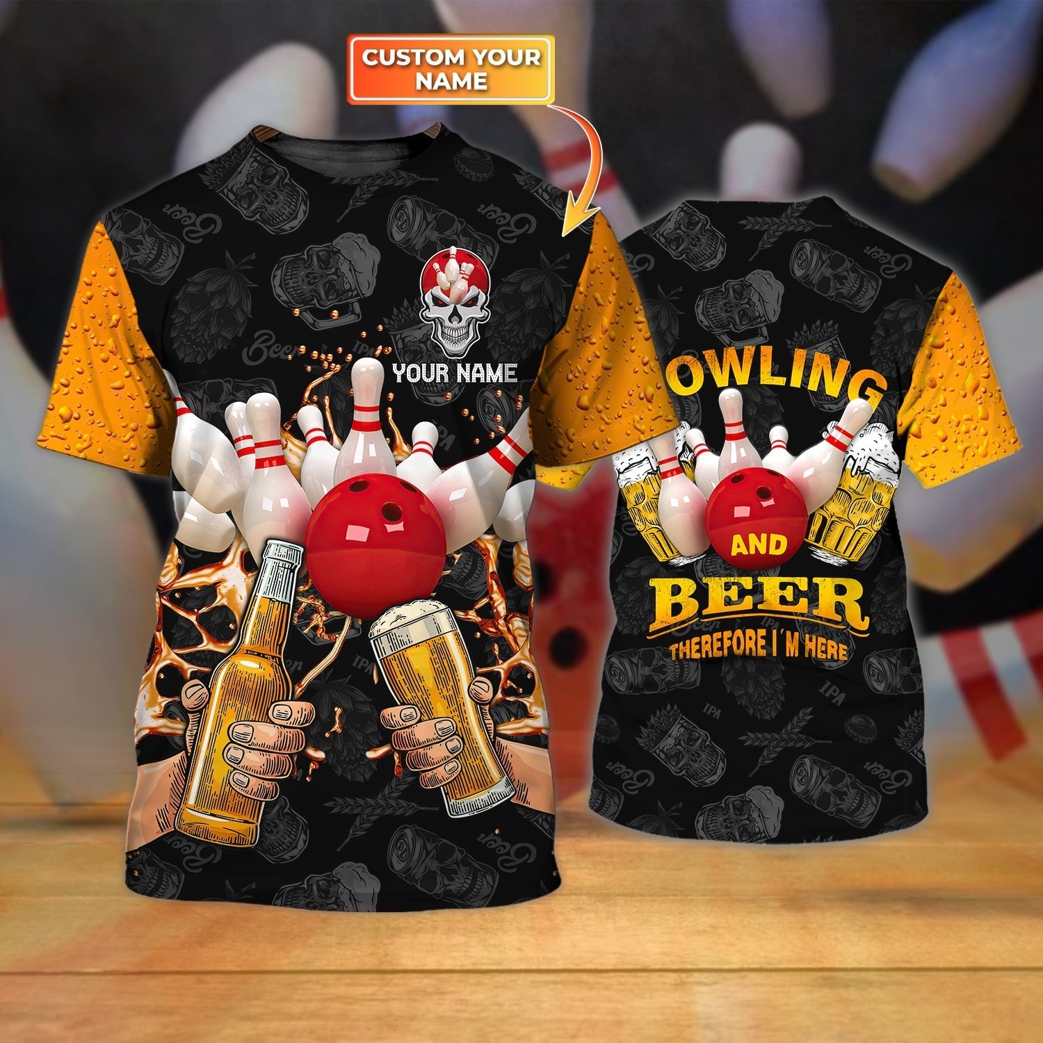 Customized 3D Full Printed Bowling T Shirt/ Skull Bowling Shirts/ Bowling And Beer Shirt For Men And Women