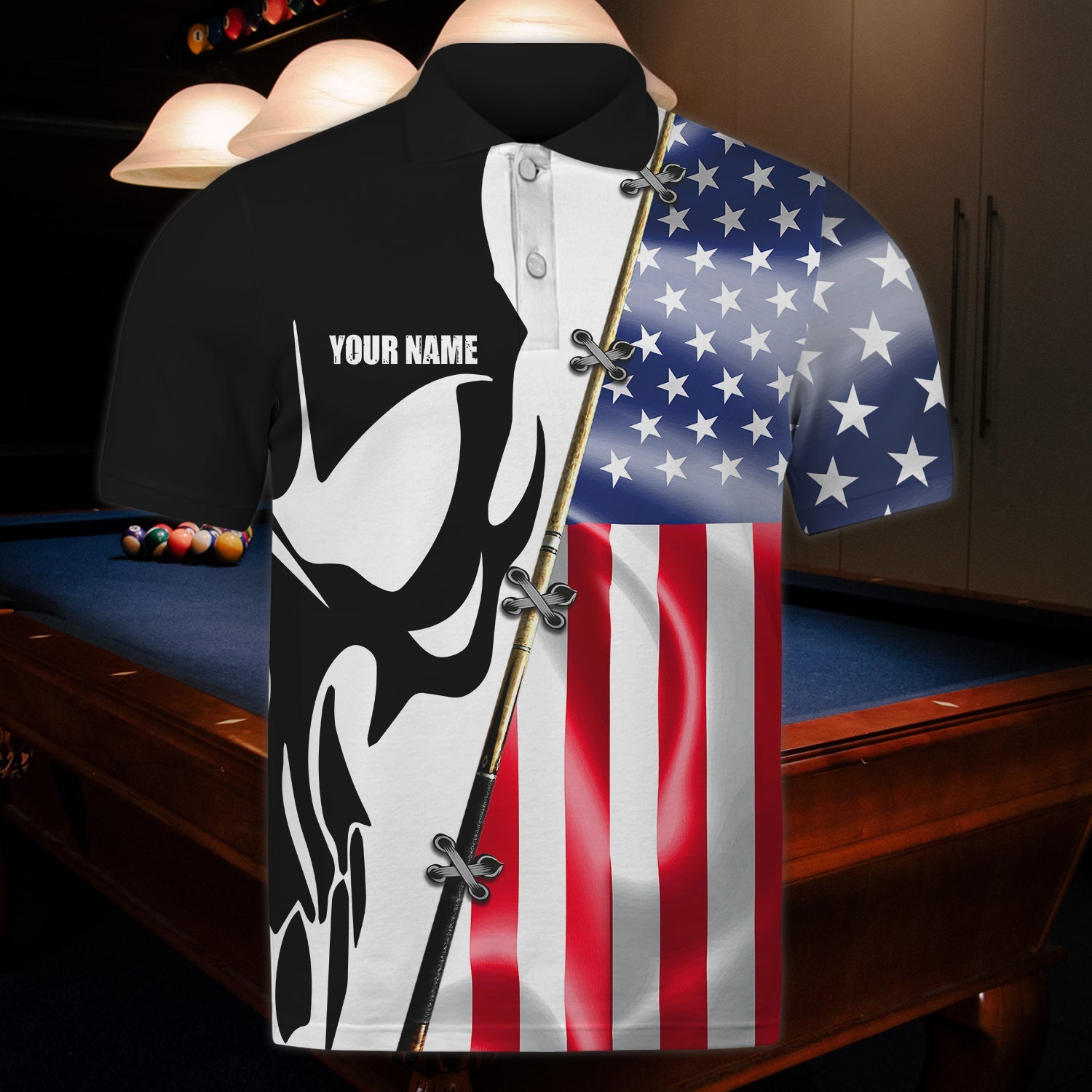 Customized Skull and Flag US Cue Billiard Polo Shirt/ Best Shirt for Men