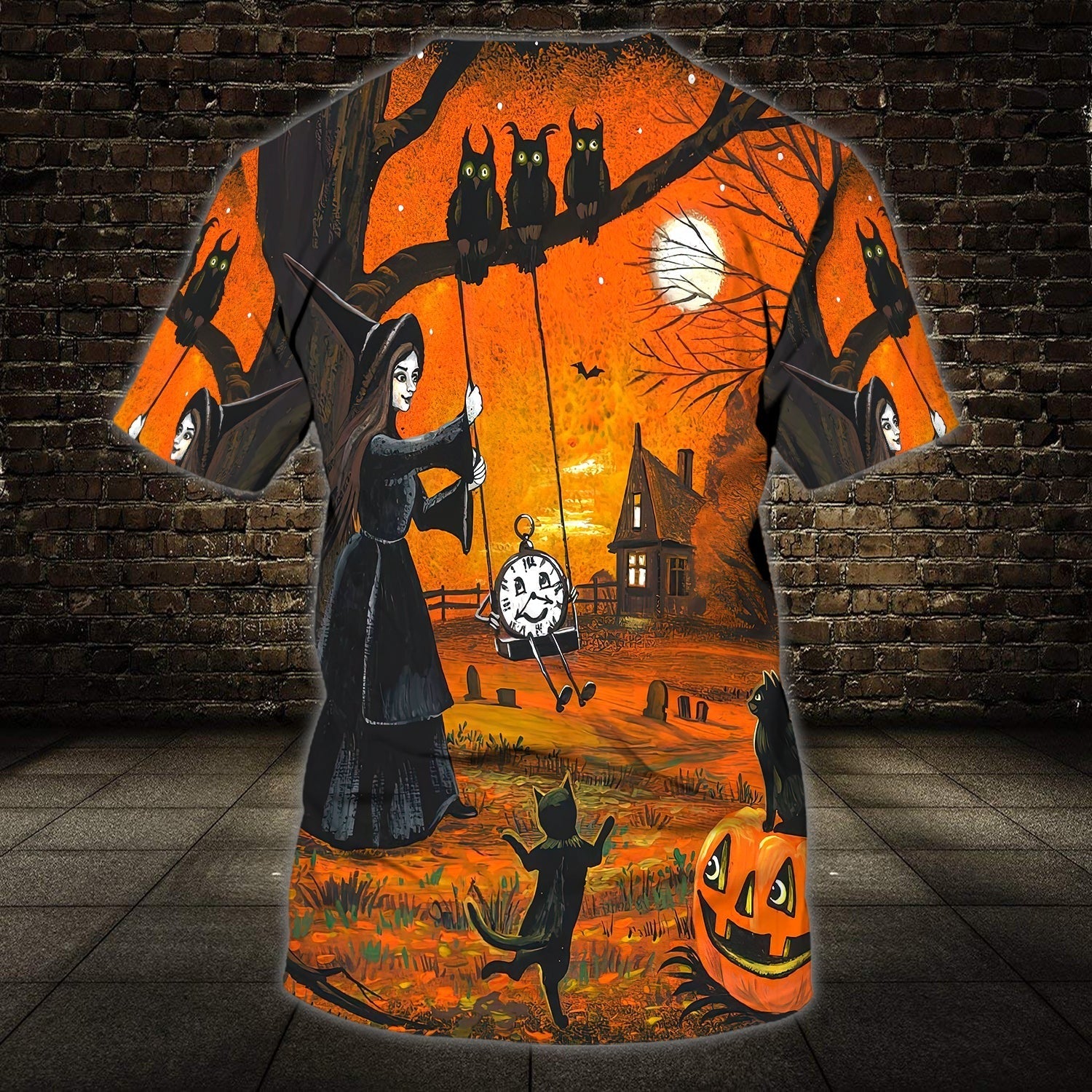 Custom Funny Halloween Shirt/ Black Cat Dancing Witch 3D Tshirt/ Unisex Halloween Shirts