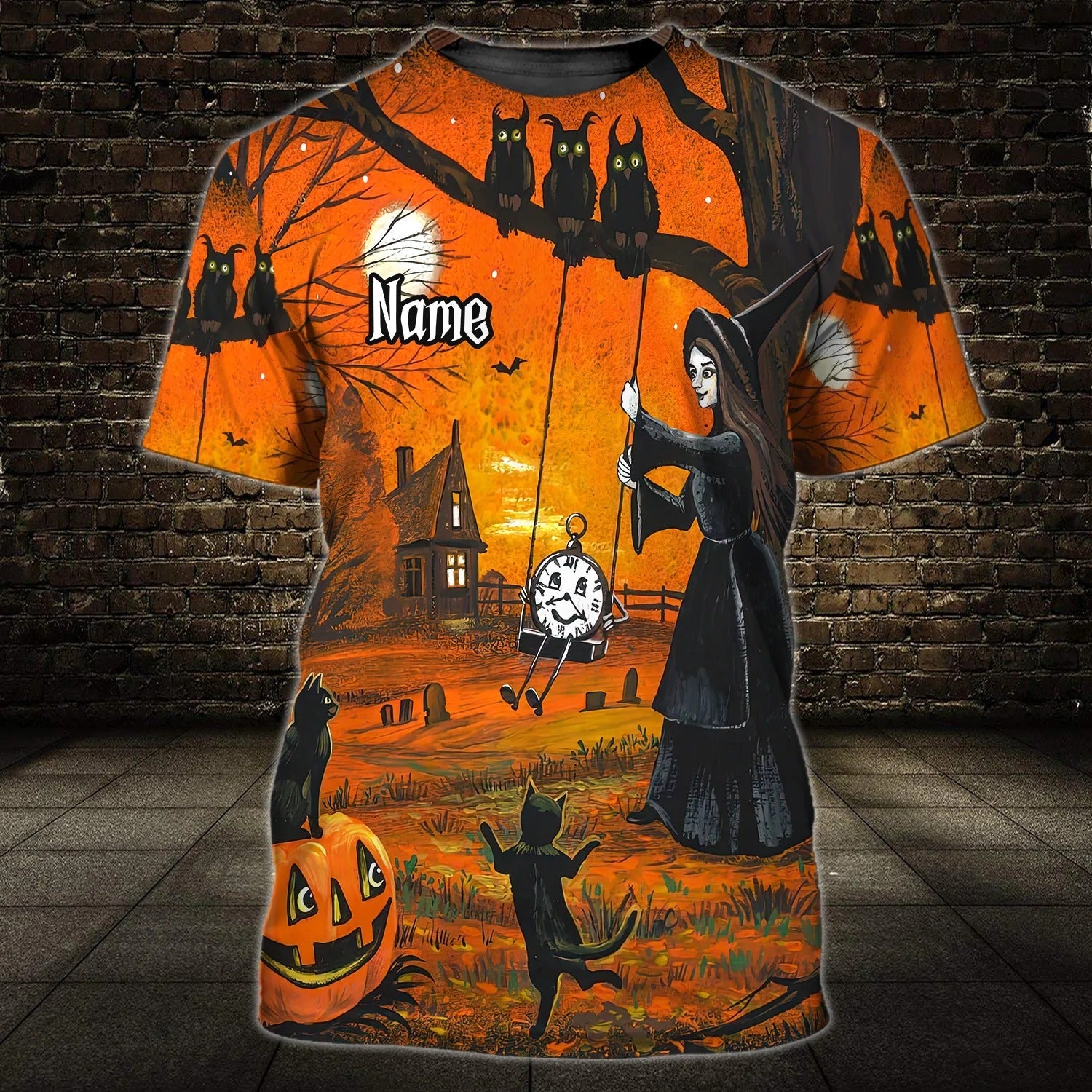 Custom Funny Halloween Shirt/ Black Cat Dancing Witch 3D Tshirt/ Unisex Halloween Shirts