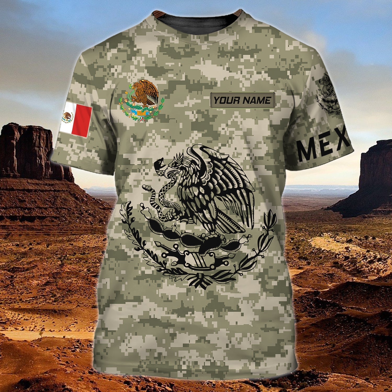 Customized Your Name Mexico Camo Pattern Flag T-Shirt For Men/ Mexico Shirt