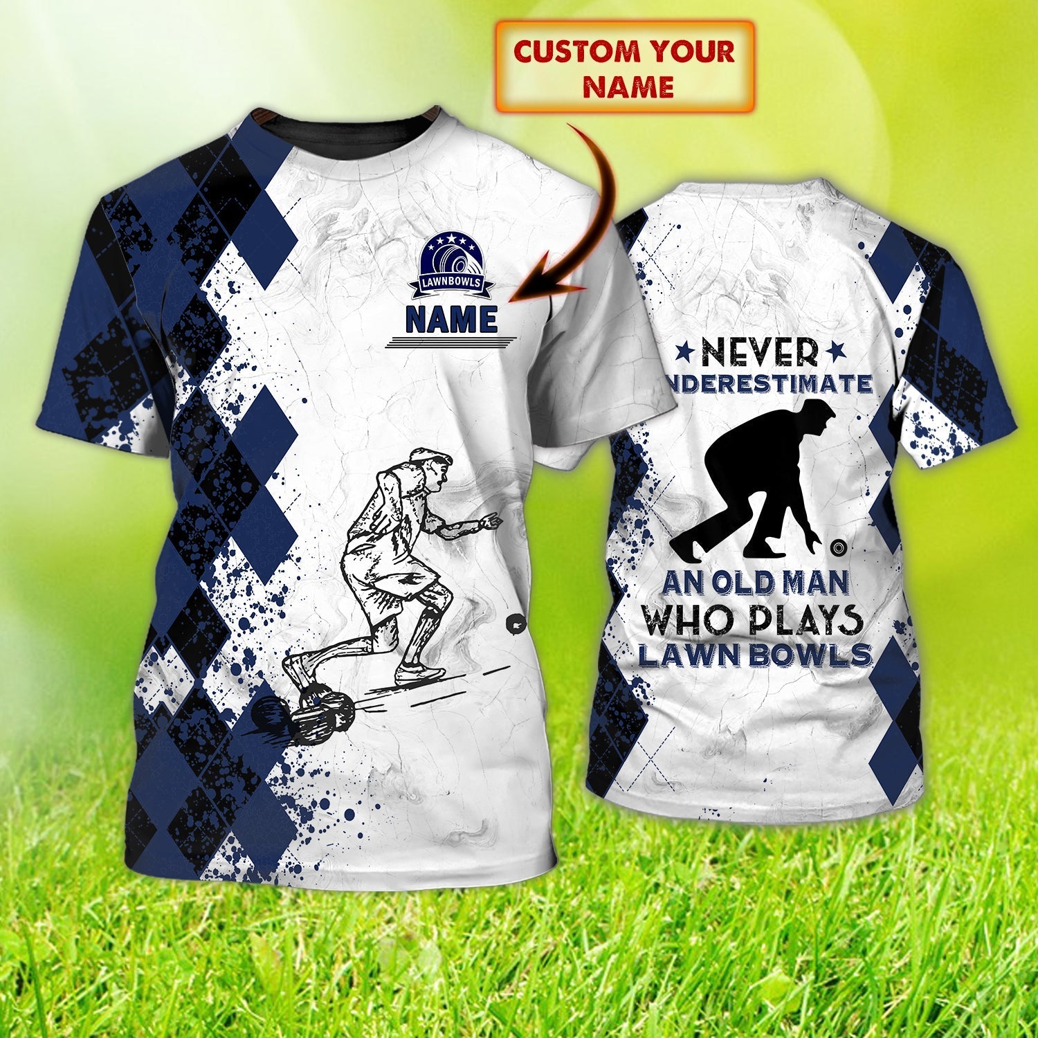 Personalized Old Man Plays Lawn Bowls Blue Navy 3D All Over Printed Shirt Lawn Bowl Gift