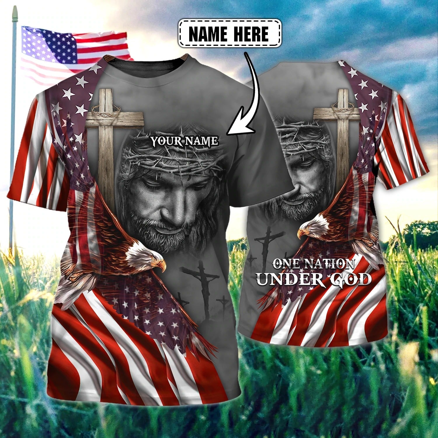 Personalized Jesus Eagle 3D Full Print Shirt 4Th Of July American Independence Day 3D Shirts With Name