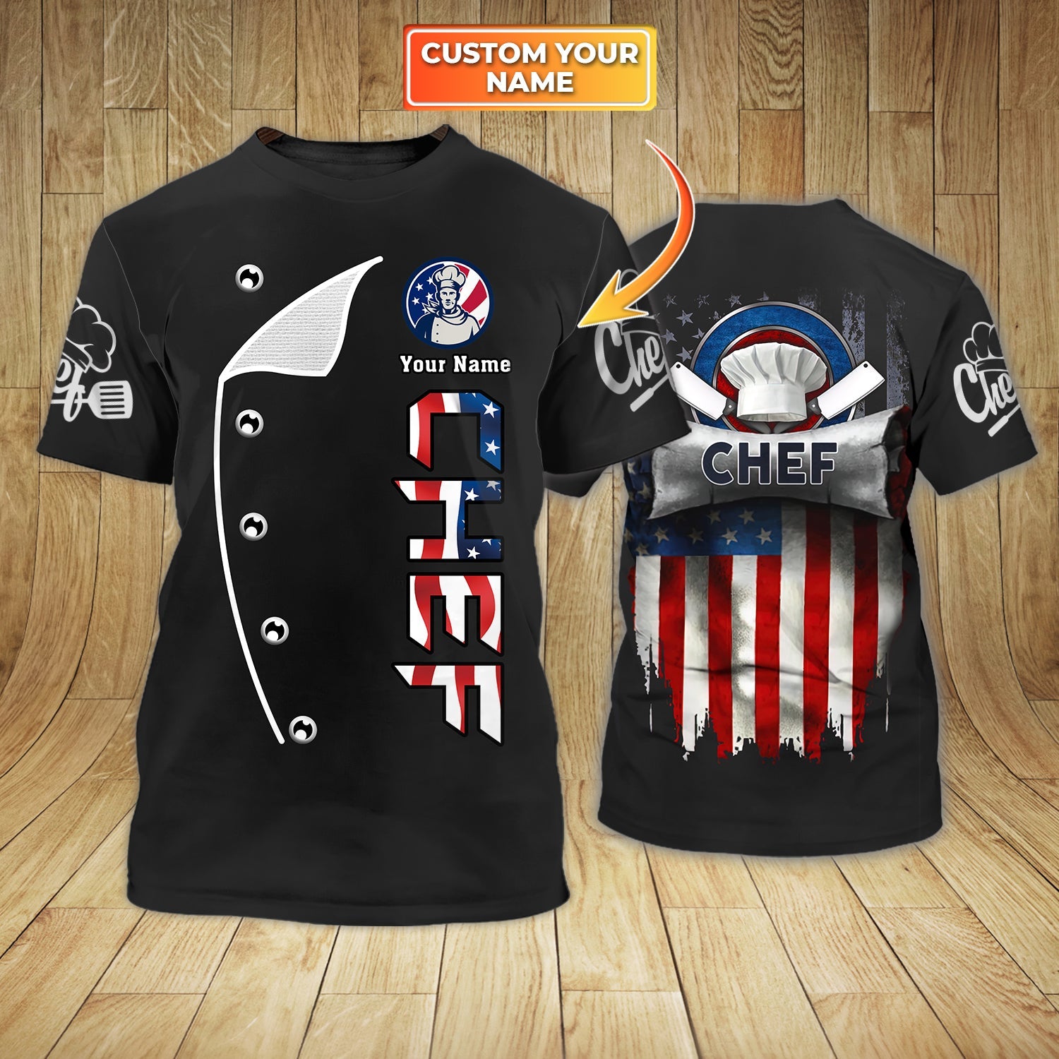 Personalized American Chef T Shirt/ 3D All Over Printed Chef Shirt Usa Flag Pattern/ Chef Shirt