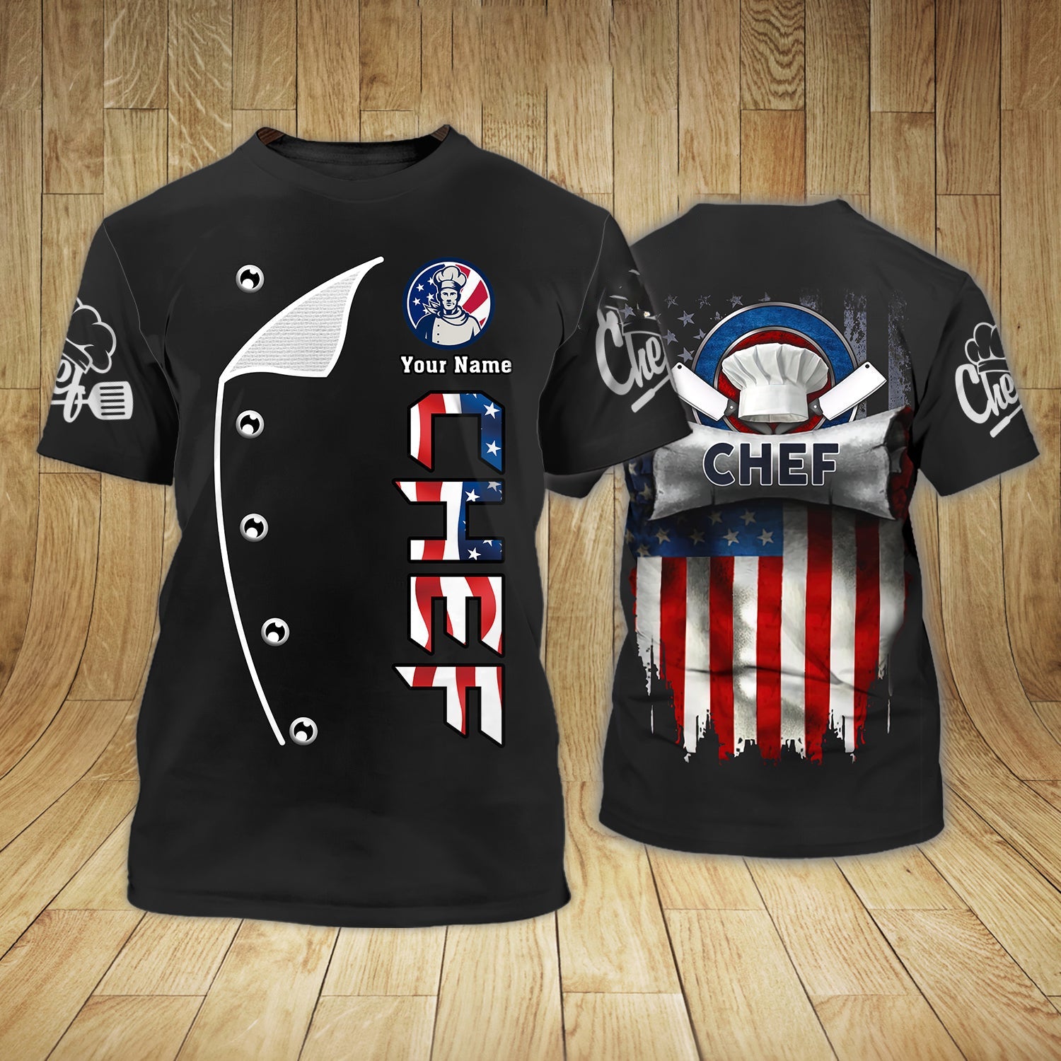 Personalized American Chef T Shirt/ 3D All Over Printed Chef Shirt Usa Flag Pattern/ Chef Shirt