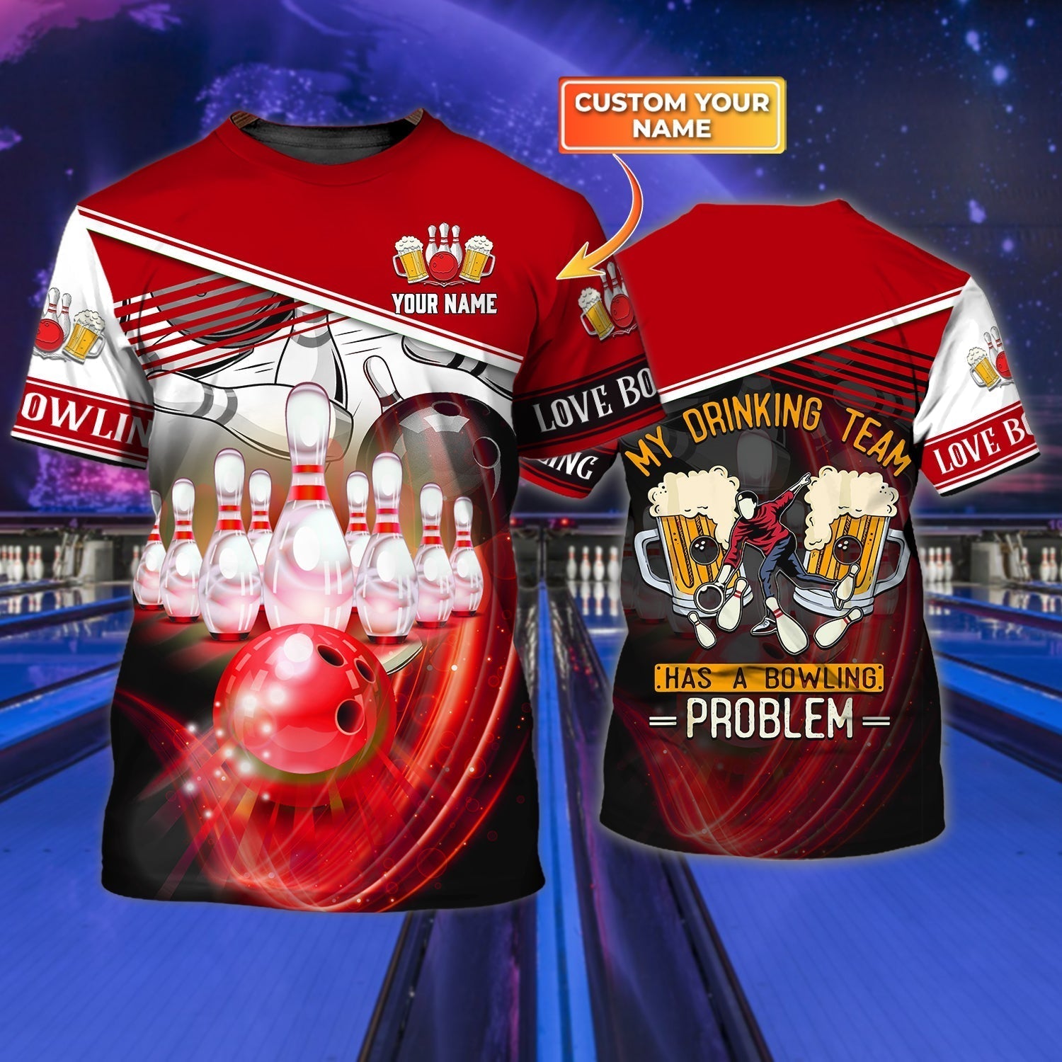 Customized 3D All Over Printed Red Bowling Tshirt/ Bowling And Beer T Shirts/ Love Bowling Shirts