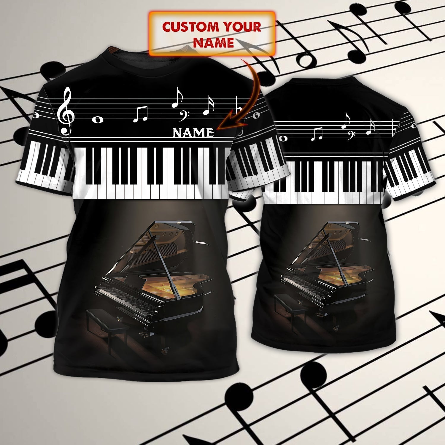 Personalized 3D All Over Print Piano Shirt With Black Piano Background/ Gift For Piano Lovers