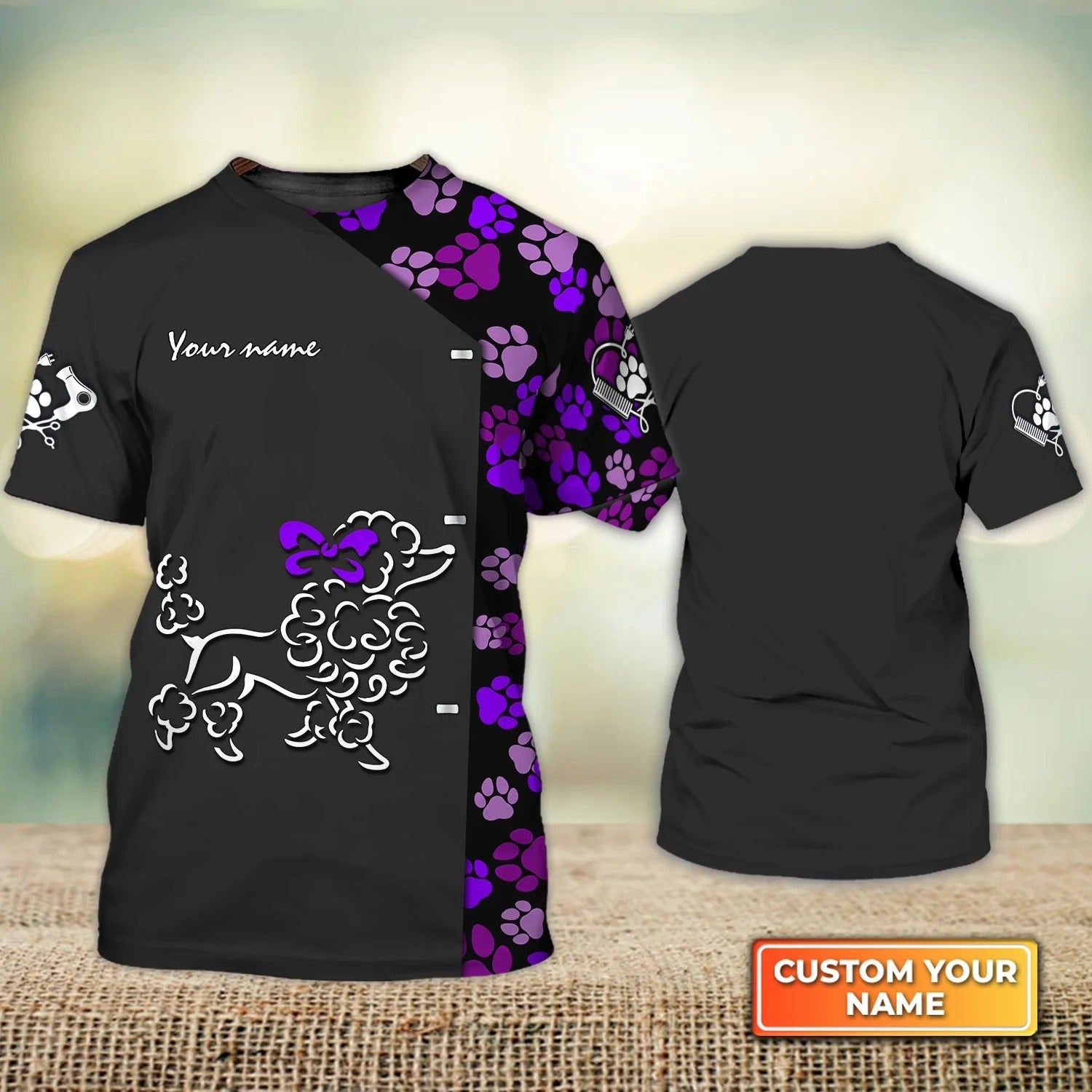 Custom Name Dog Groomer Shirt For Pet Groomer Salon Purple Bow Poodle Shirt Gift For Groomer