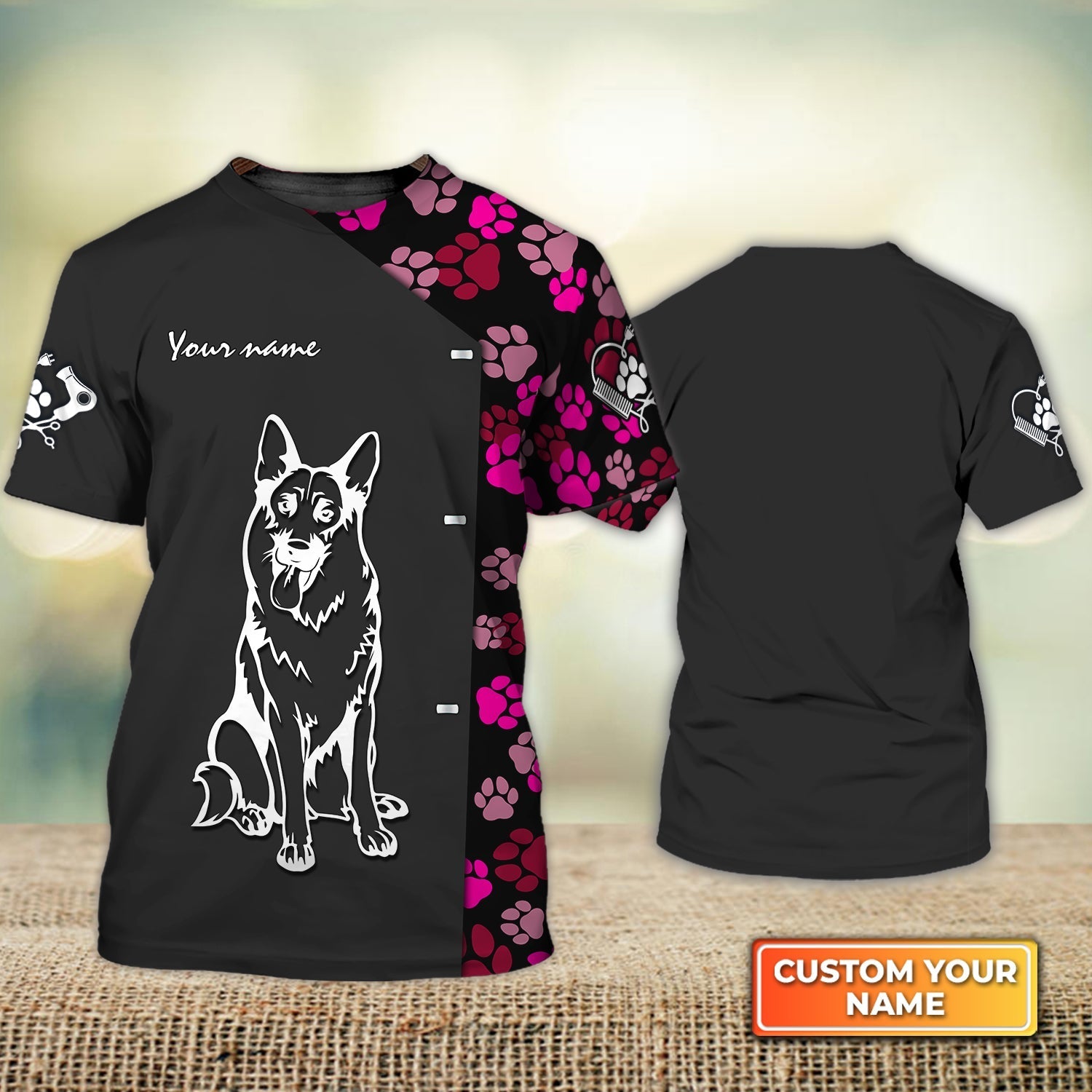 Custom 3D Dog Groomer Shirt German Shepherd Pink Pet Groomer Uniform Salon Pet