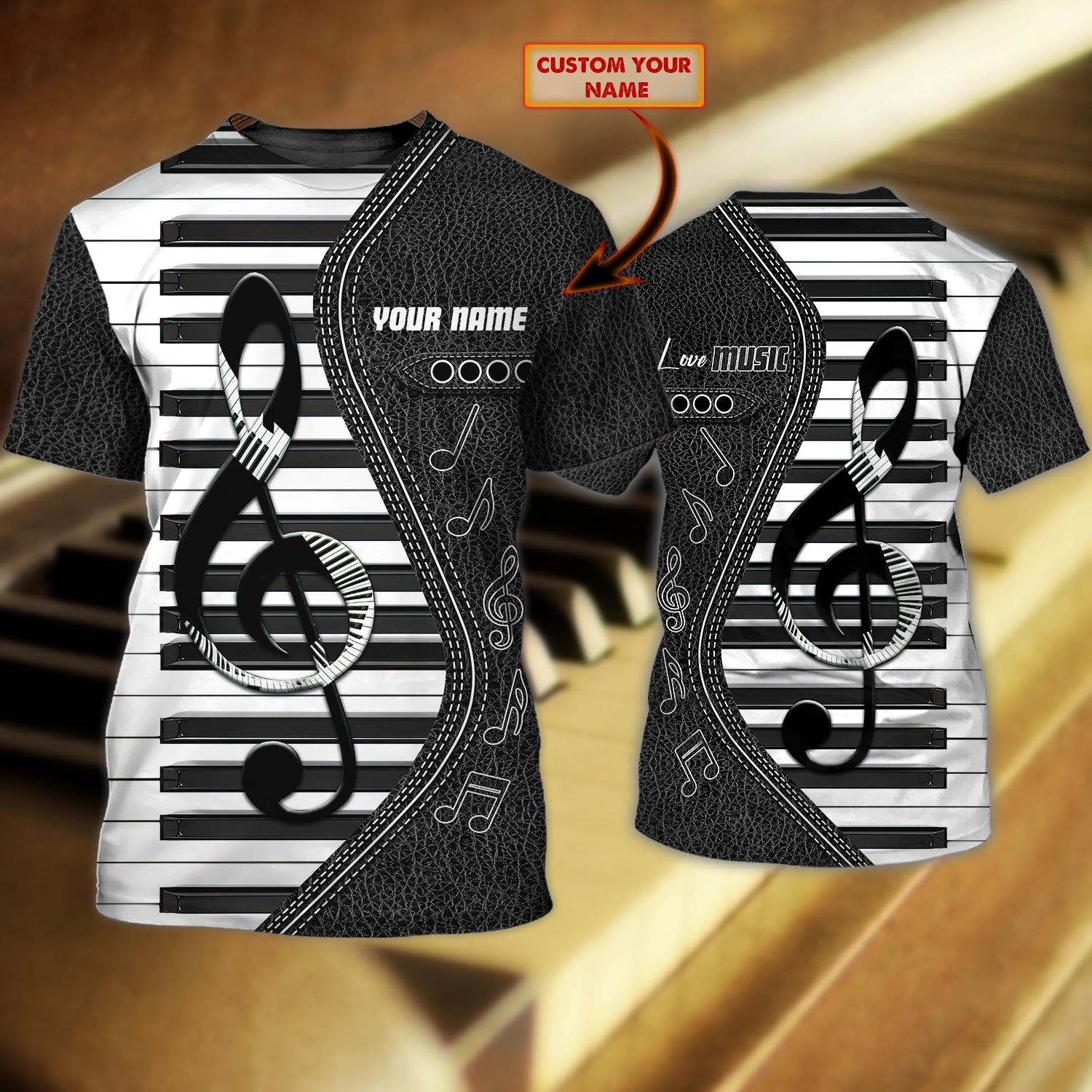 Customized 3D All Over Printed Piano Tshirt/ Love Music T Shirt On Leather Pattern/ Pianist T Shirt