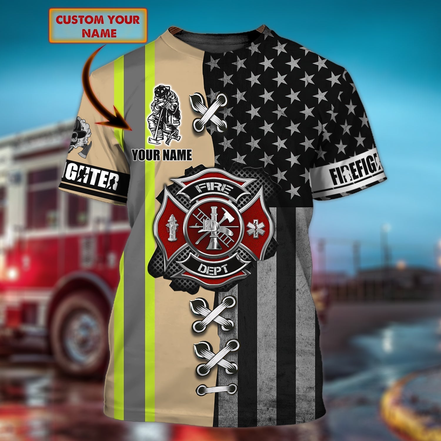 Custom With Name Firefighter Full Printed Shirt Usa Flag Background/ Be Proud Fire Man 3D Tee Shirt