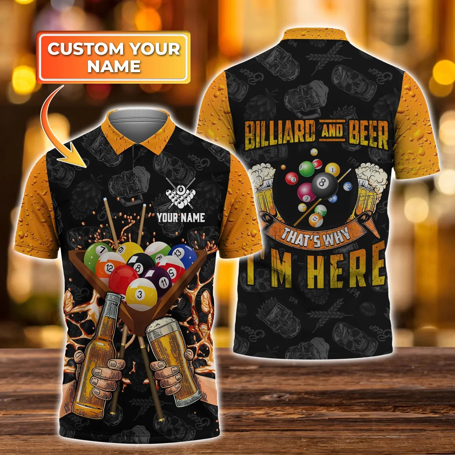 Personalized Name Yellow Billiard Player All Over Printed Polo Shirt/ Billiard and Beer That Why I''m Here Shirt For Men