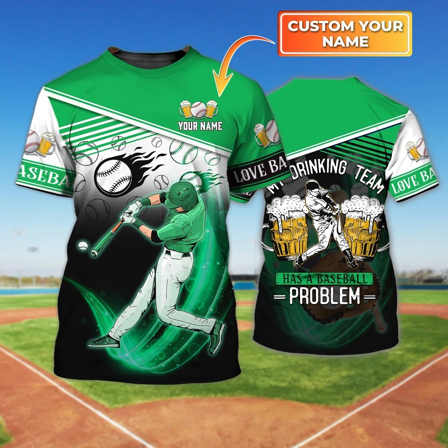 Custom Green T Shirt For Baseball Player/ Baseball Lover Gift/ Baseball And Beer T Shirt
