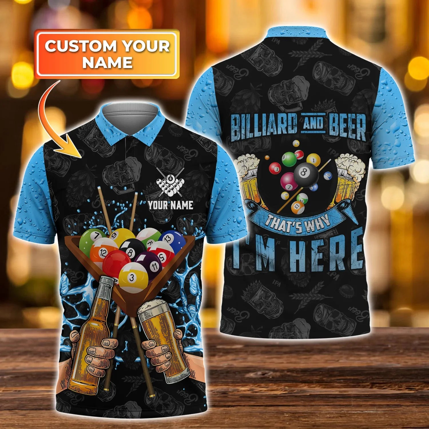 Personalized Name Blue Billiard and Beer Polo Shirt/ 3D Over Print Billiard Shirts For Men/ Team