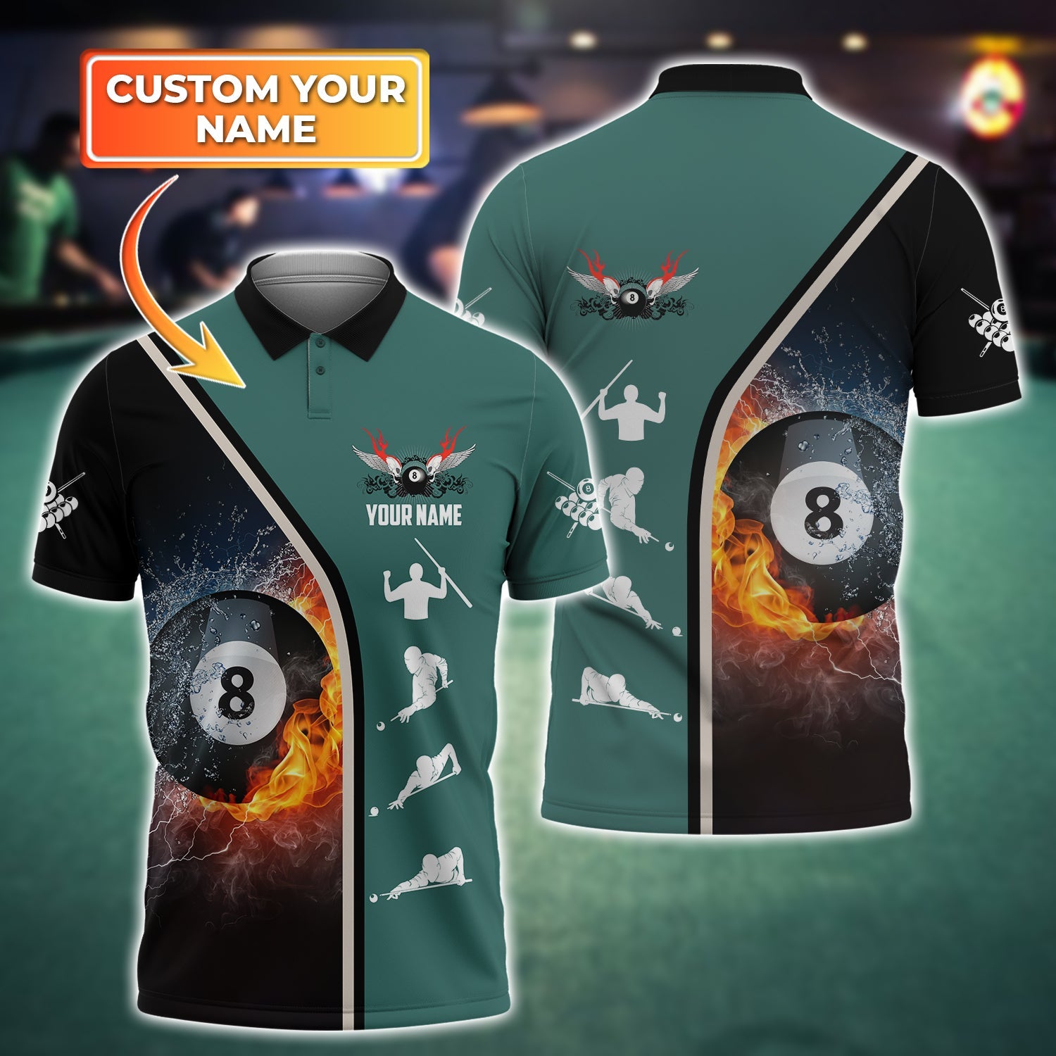 Personalized Billiard Wing Fire 3D Polo Shirt for Men Women/ Billiard Uniform