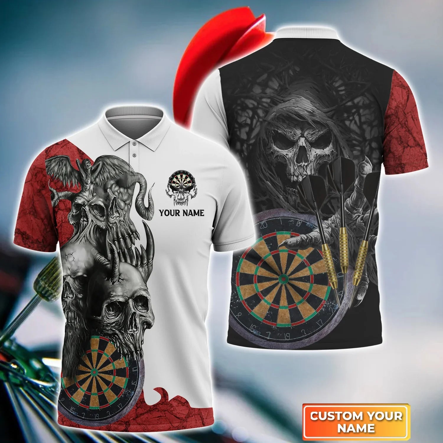 Dartboard Skull Personalized Name Polo Shirt For Darts Player/ Skull Shirt/ Dart Shirt