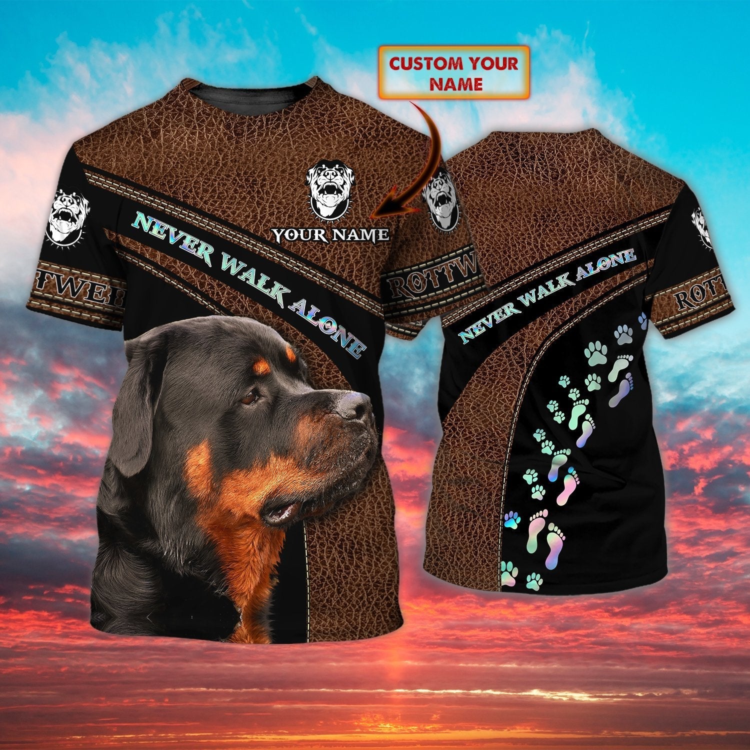 Custom 3D T Shirt With Rottweiler Never Walk Alone Leather Pattern