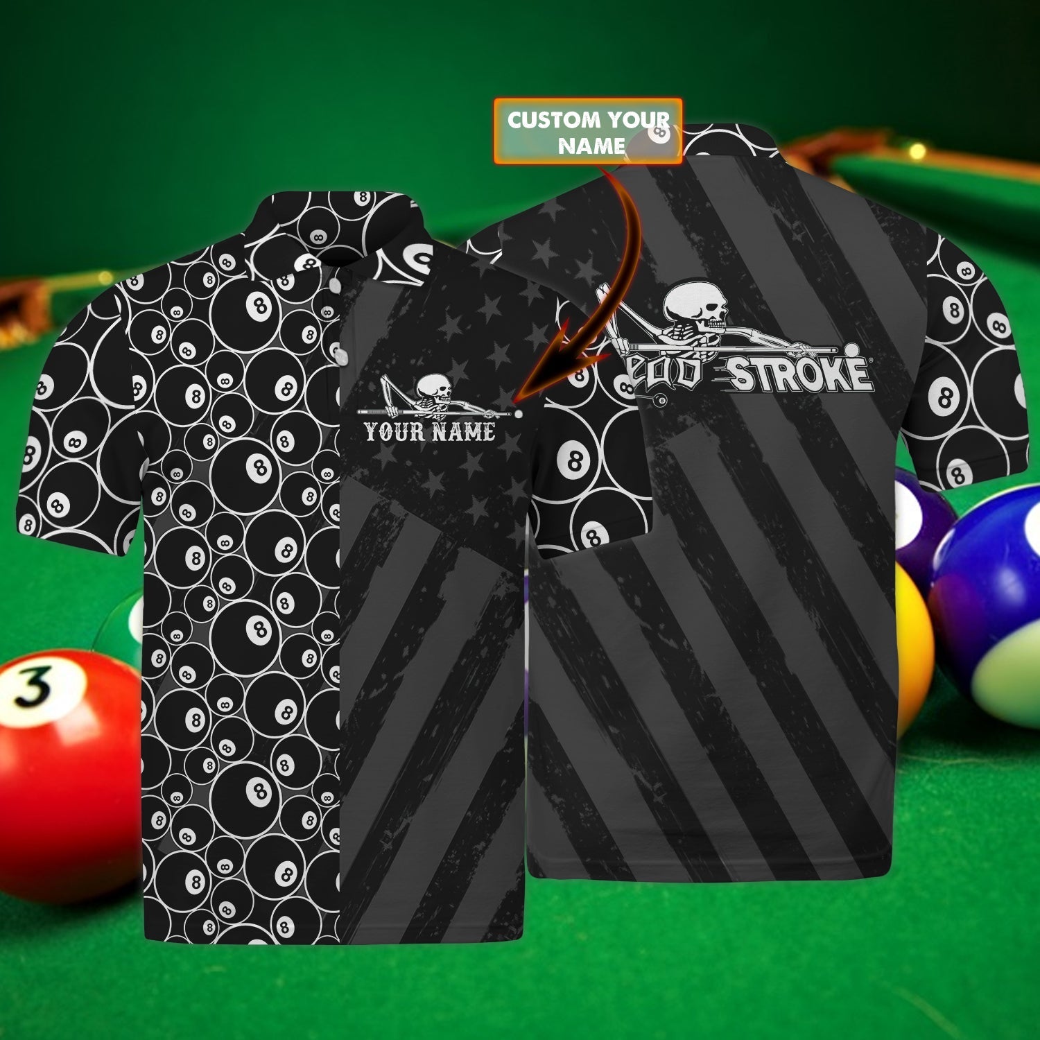 Personalized Skull Playing Billiard Stroke Funny Polo Shirt/ Custom Name Shirt for Billiards