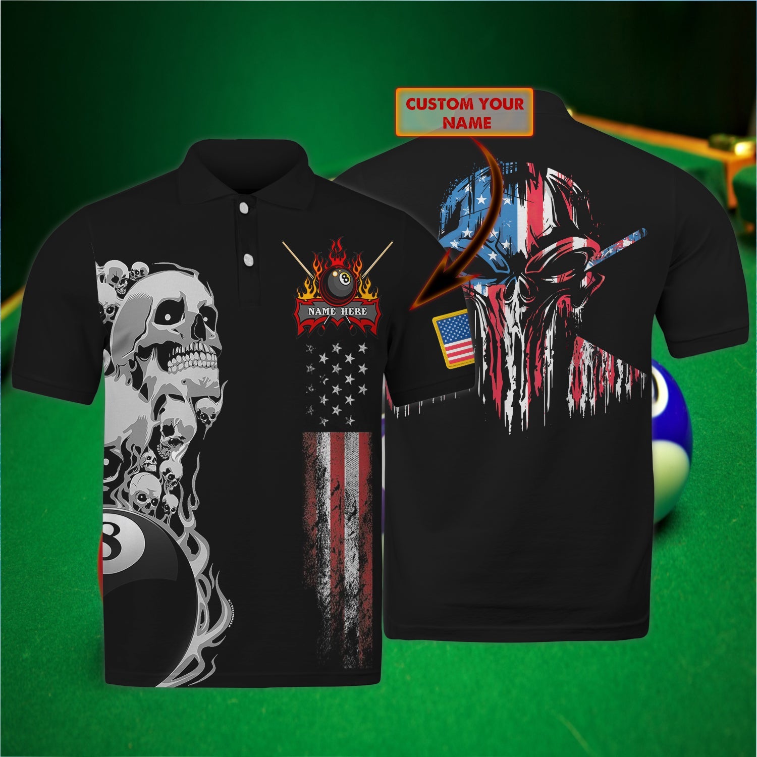 Personalized Name Skull American Pattern Fire Billiard Polo Shirt/ Skull Billiard 3D Shirt