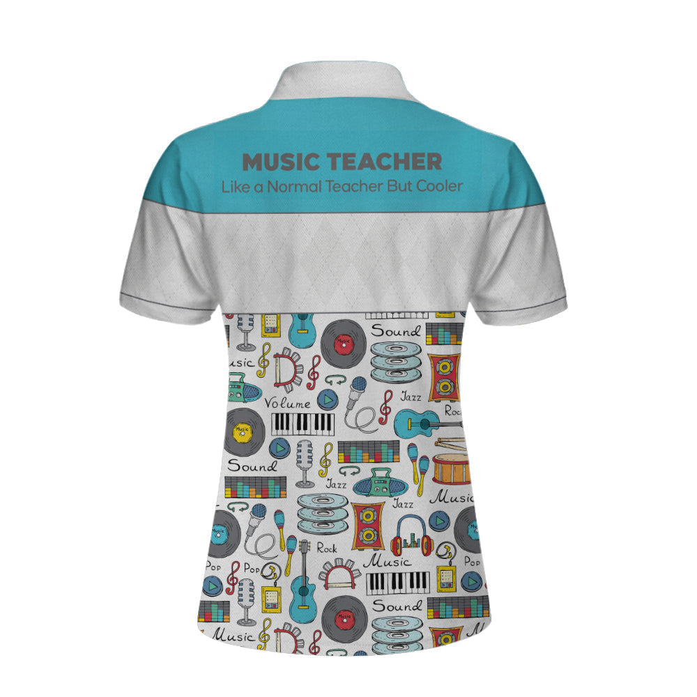 Music Teacher Short Sleeve Women Polo Shirt/ White And Blue Music Pattern Shirt For Women/ Gift For Music Teachers Coolspod