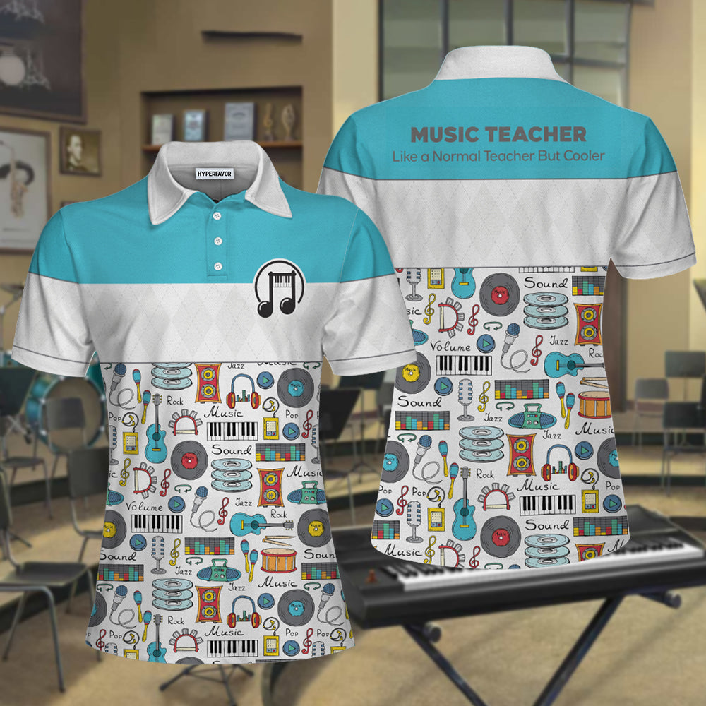 Music Teacher Short Sleeve Women Polo Shirt/ White And Blue Music Pattern Shirt For Women/ Gift For Music Teachers Coolspod