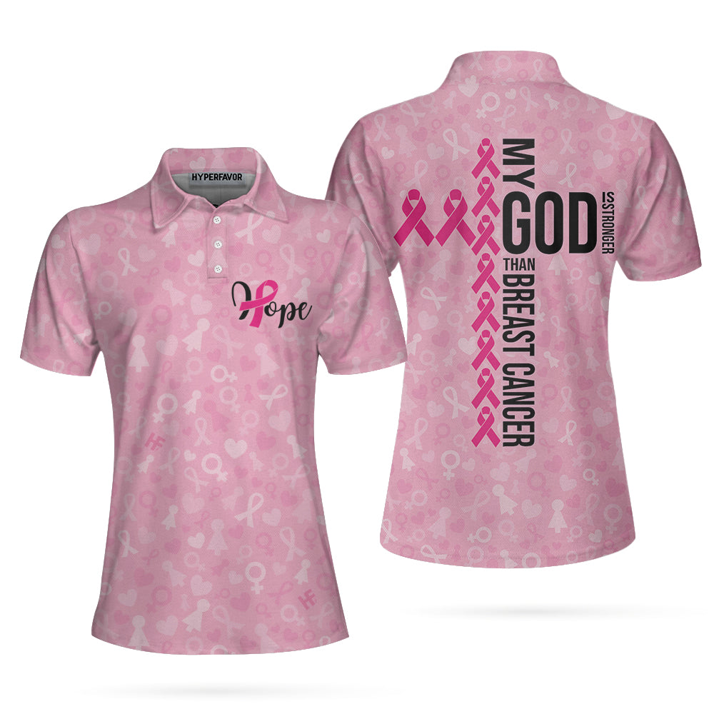 My God Is Stronger Than Breast Cancer Awareness Short Sleeve Women Polo Shirt Coolspod
