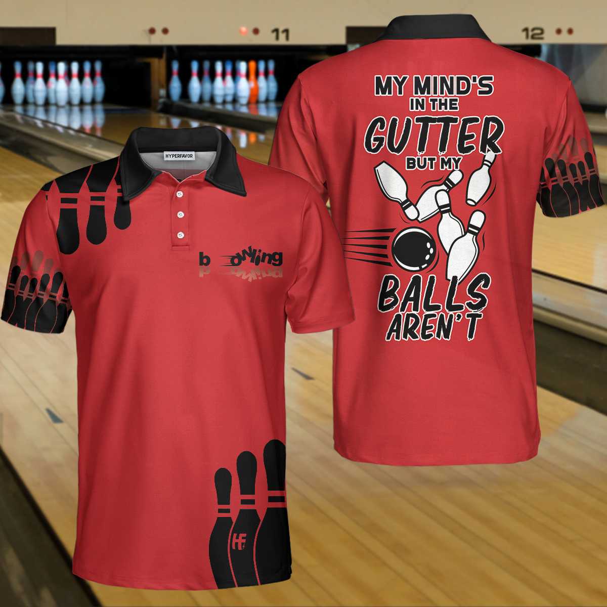 My Mind Is In The Gutter But My Balls Aren''T Bowling Polo Shirt/ Funny Red And Black Bowling Polo Shirt For Men Coolspod