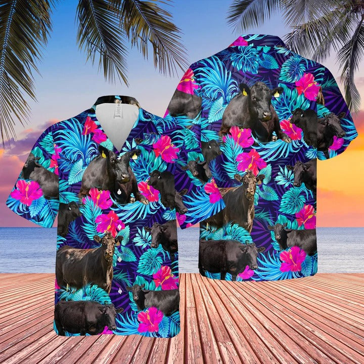 Black Angus Blue Neon Tropical Cattle Hawaii Shirt/ Unisex Print Aloha Short Sleeve Casual Shirt/ Cow Hawaiian Shirt