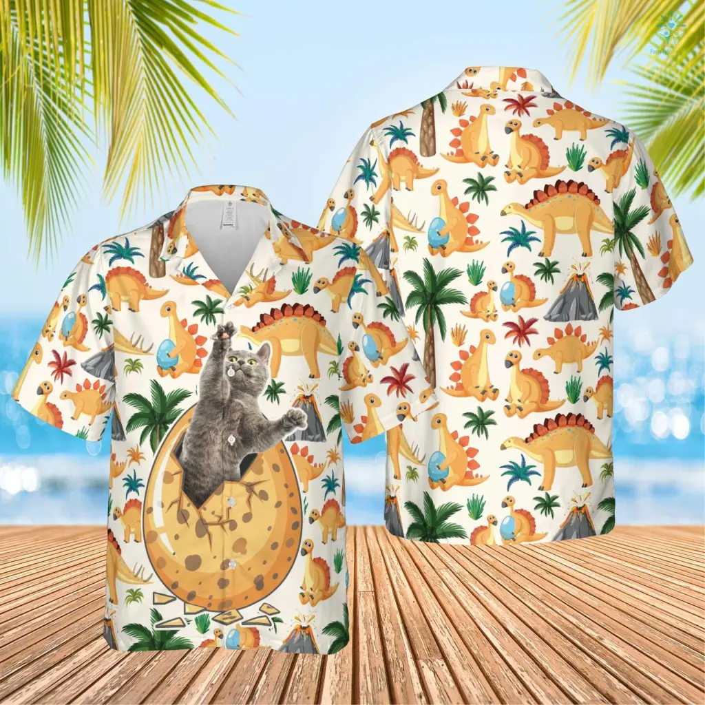 Magic Dinosaur Egg Hawaiian Funny Custom Image Cat Summer Shirt Beach Hawaiian Shirt/ Gift for Men Women